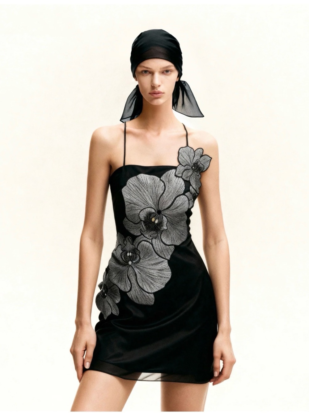JW PEI Black Mini Dress with Silver Floral Embroidery
